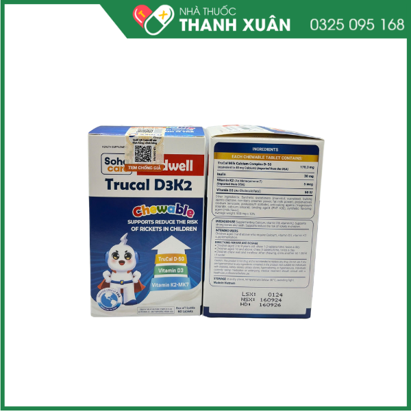 Kidwell TruCal D3K2 Chewable bổ sung canxi, D3K2, giúp xương răng chắc khỏe